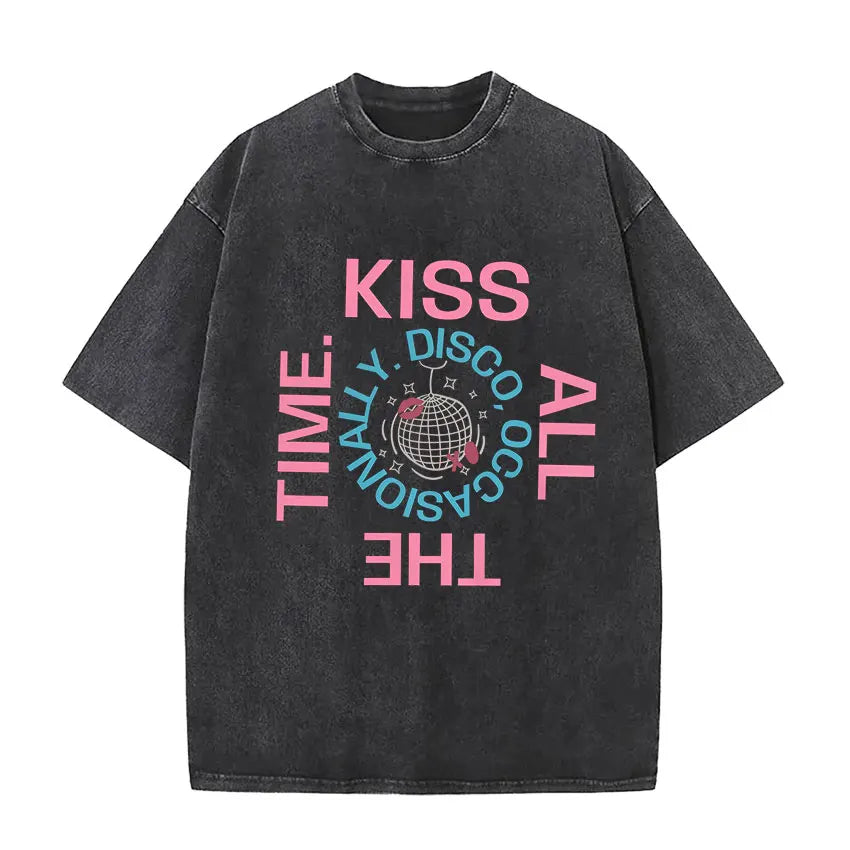 Black distressed vintage washed harry styles pop album hip hop short sleeve cotton t shirt with vibrant pink teal graphic