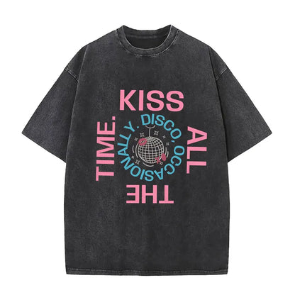 Black distressed vintage washed harry styles pop album hip hop short sleeve cotton t shirt with vibrant pink teal graphic