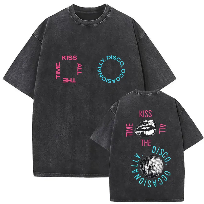 Black oversized vintage washed harry styles pop album hip hop short sleeve t shirt with faded fabric and bold graphic print