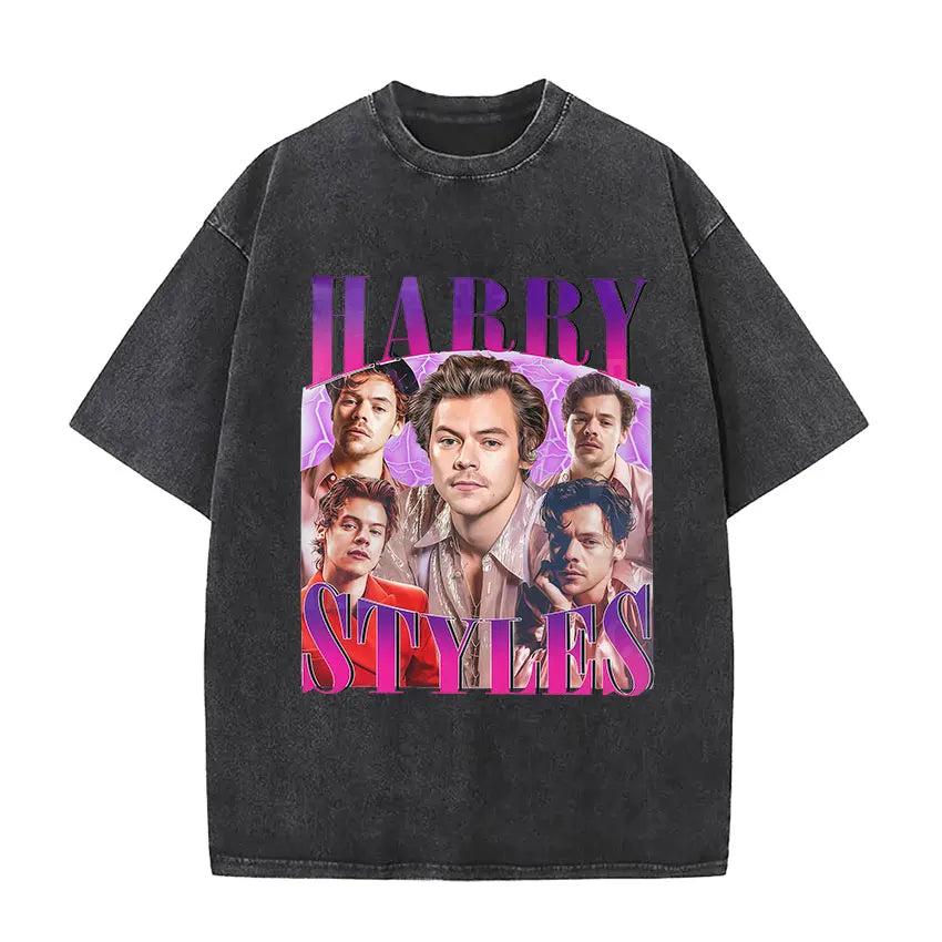 Black distressed cotton vintage washed harry short sleeve t-shirt with vibrant harry styles pop album hip hop graphic