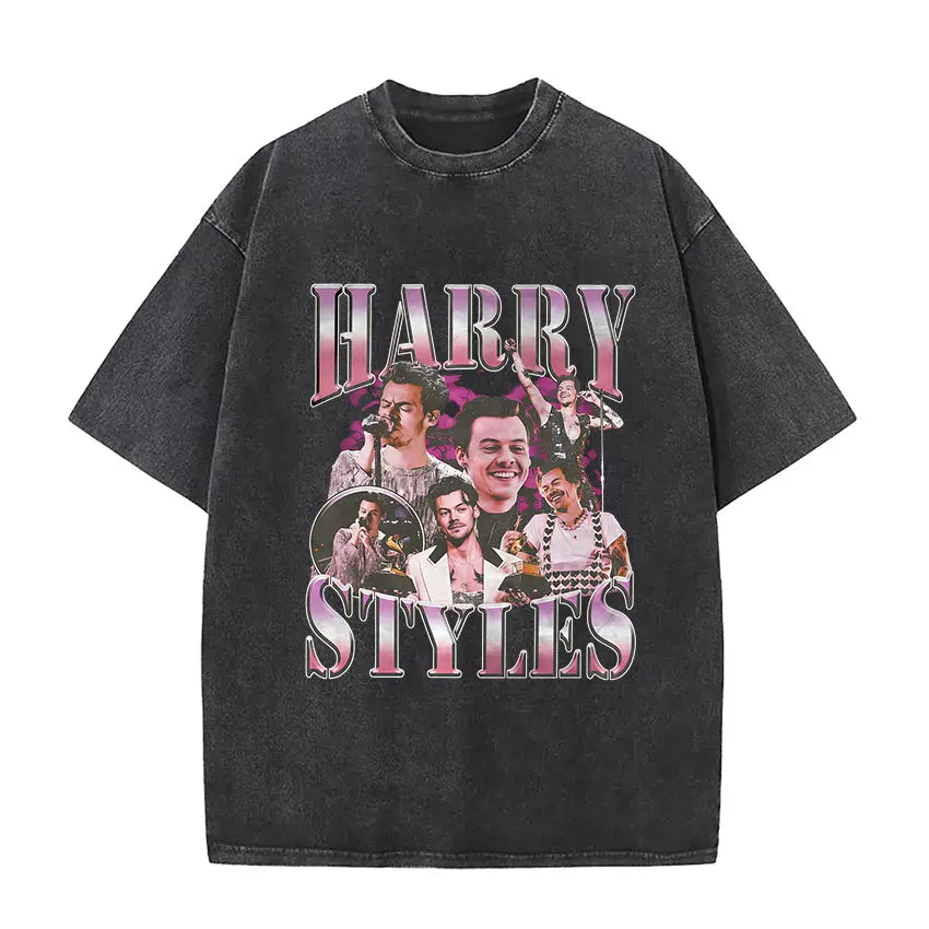 Black distressed 100% cotton vintage washed harry styles pop album hip hop short sleeve t-shirt with vibrant graphic