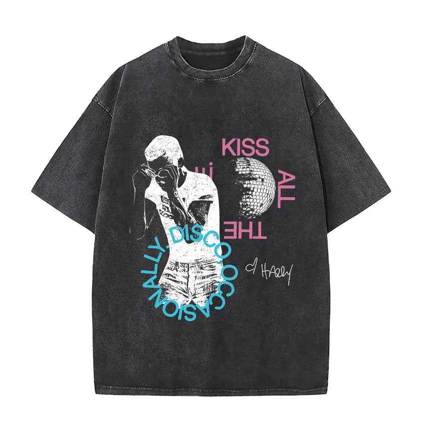 Black distressed cotton vintage washed harry styles graphic t-shirt with pop album hip hop short sleeve design