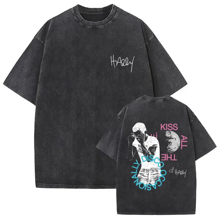 Black oversized vintage washed harry styles graphic t shirt with faded texture and prints pop album hip hop short sleeve