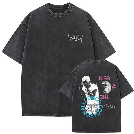 Black oversized vintage washed harry styles graphic t shirt with faded texture and prints pop album hip hop short sleeve