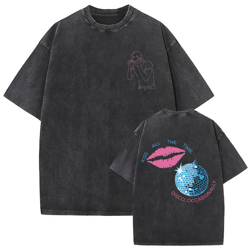 Back of black vintage washed harry styles graphic hip hop short sleeve t shirt with pink lips and blue disco ball design