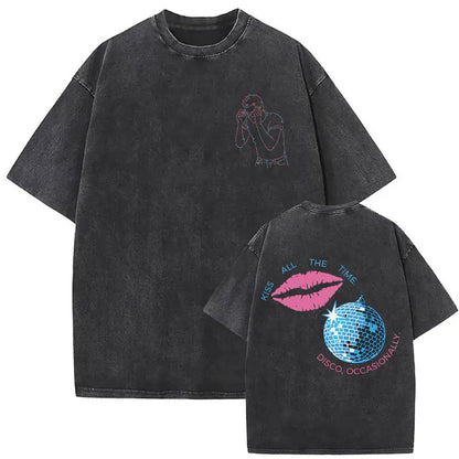 Back of black vintage washed harry styles graphic hip hop short sleeve t shirt with pink lips and blue disco ball design