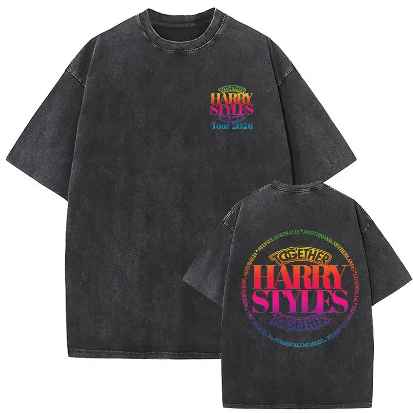 Black vintage washed harry styles pop album hip hop short sleeve t shirt with distressed fabric and rainbow graphic print