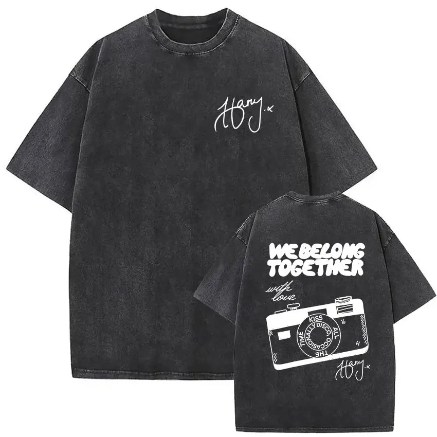 Black oversized vintage washed harry styles graphic t-shirt with white camera print pop album hip hop short sleeve cotton shirt