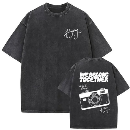 Black oversized vintage washed harry styles graphic t-shirt with white camera print pop album hip hop short sleeve cotton shirt