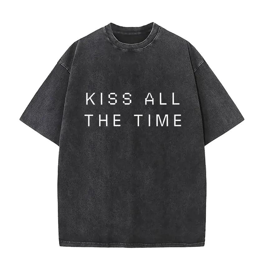 Black distressed cotton vintage washed harry styles pop album hip hop short sleeve t shirt with kiss all the time print