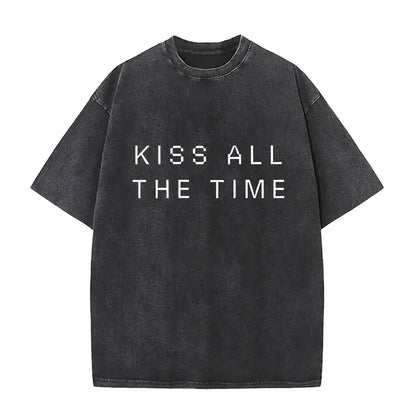 Black distressed cotton vintage washed harry styles pop album hip hop short sleeve t shirt with kiss all the time print
