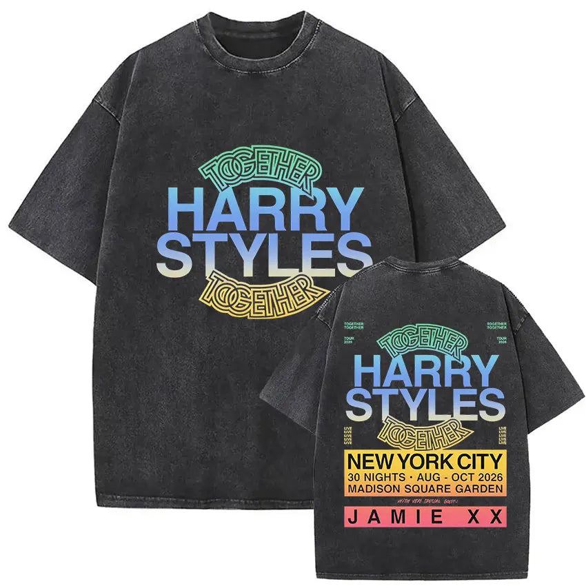 Black vintage washed harry styles graphic pop album hip hop short sleeve cotton t shirt featuring tour details
