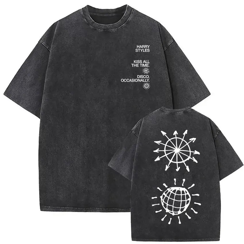 Black distressed cotton vintage washed harry styles pop album hip hop short sleeve t-shirt with white graphic print front and back