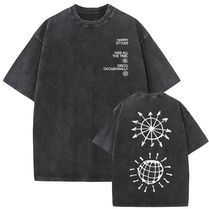 Black distressed cotton vintage washed harry styles pop album hip hop short sleeve t-shirt with white graphic print front and back