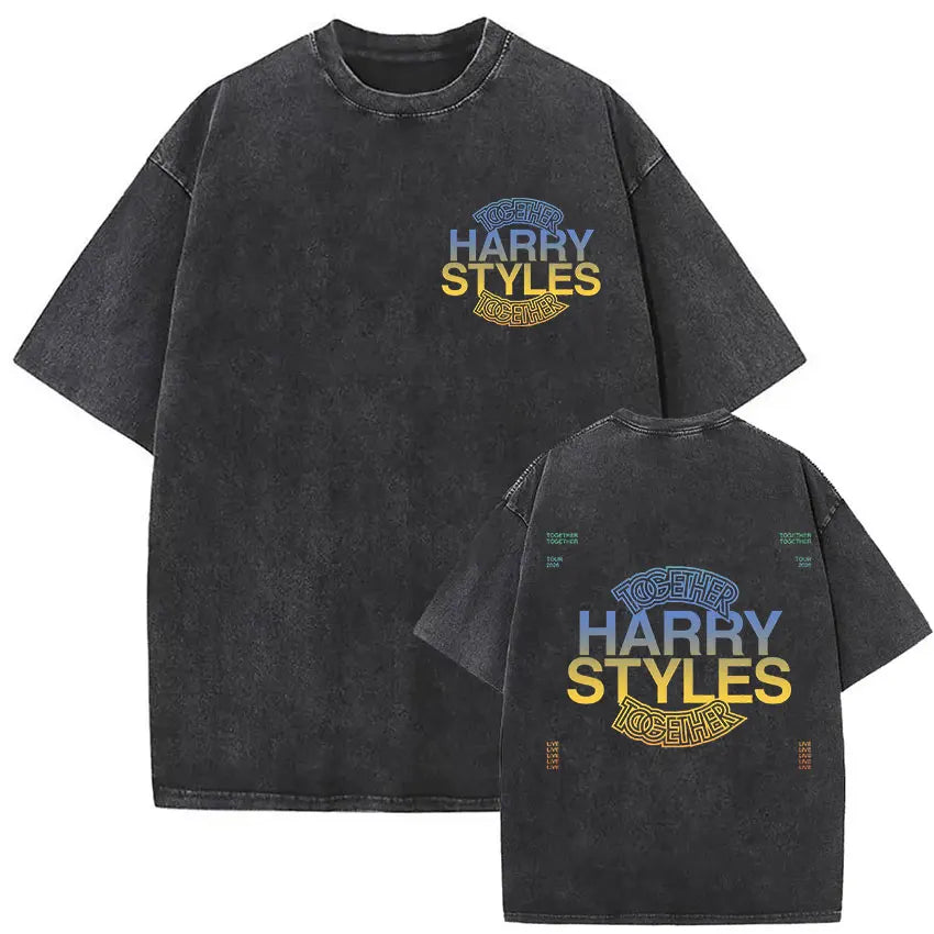 Black distressed vintage washed harry cotton t shirt with faded blue and yellow together harry styles graphic