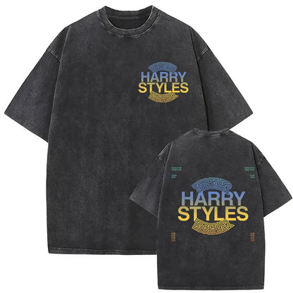 Black distressed vintage washed harry cotton t shirt with faded blue and yellow together harry styles graphic