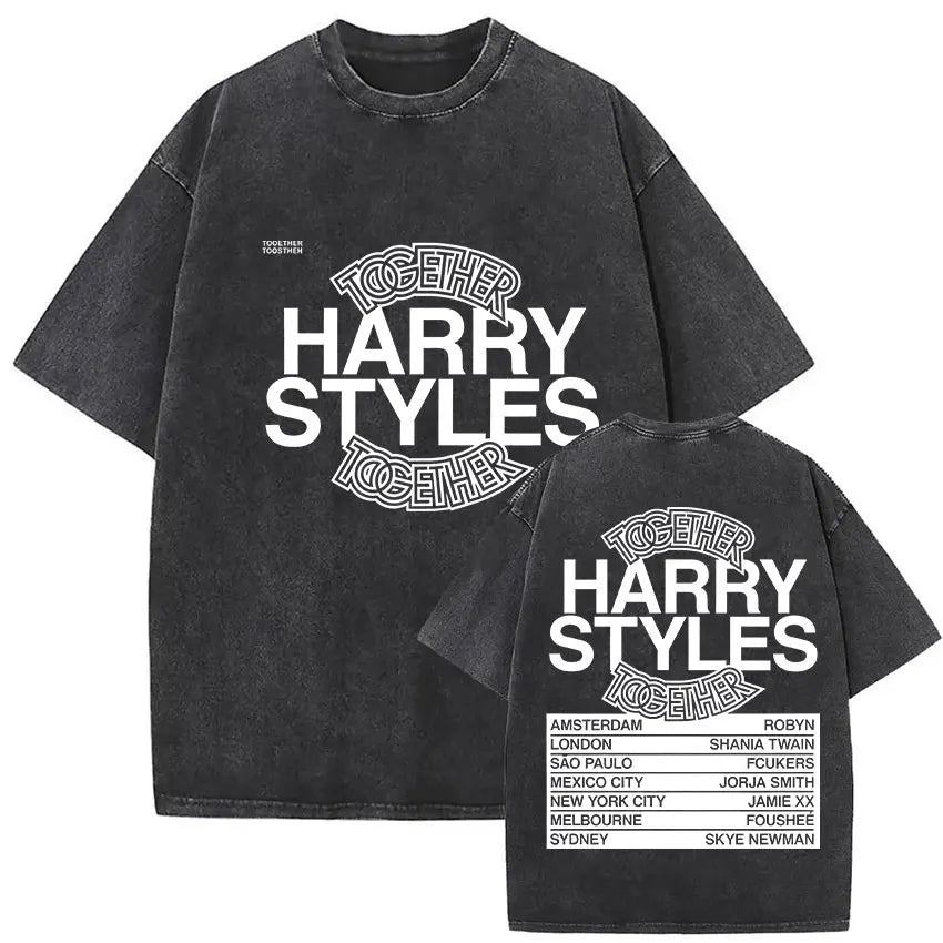 Black vintage washed harry oversized t-shirt with white together harry styles graphic and tour city list on back