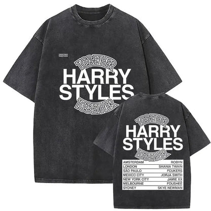 Black vintage washed harry oversized t-shirt with white together harry styles graphic and tour city list on back