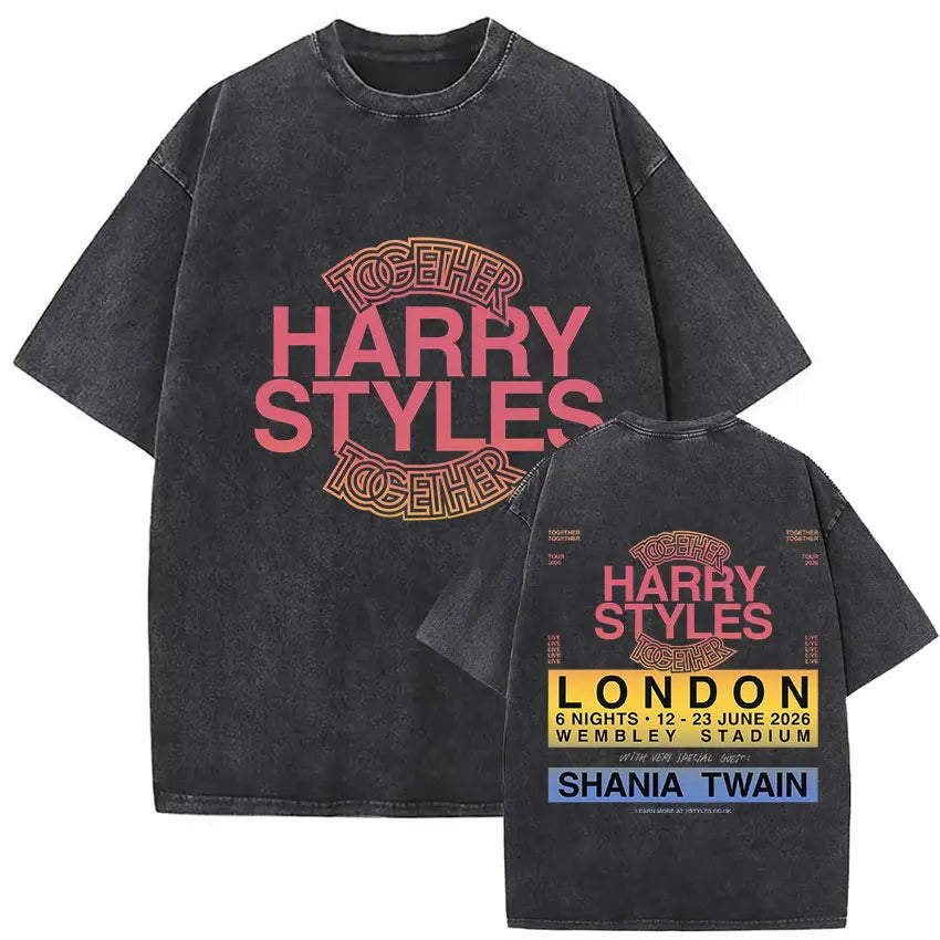 Black oversized vintage washed harry styles pop album hip hop short sleeve t shirt with faded pink yellow graphic print