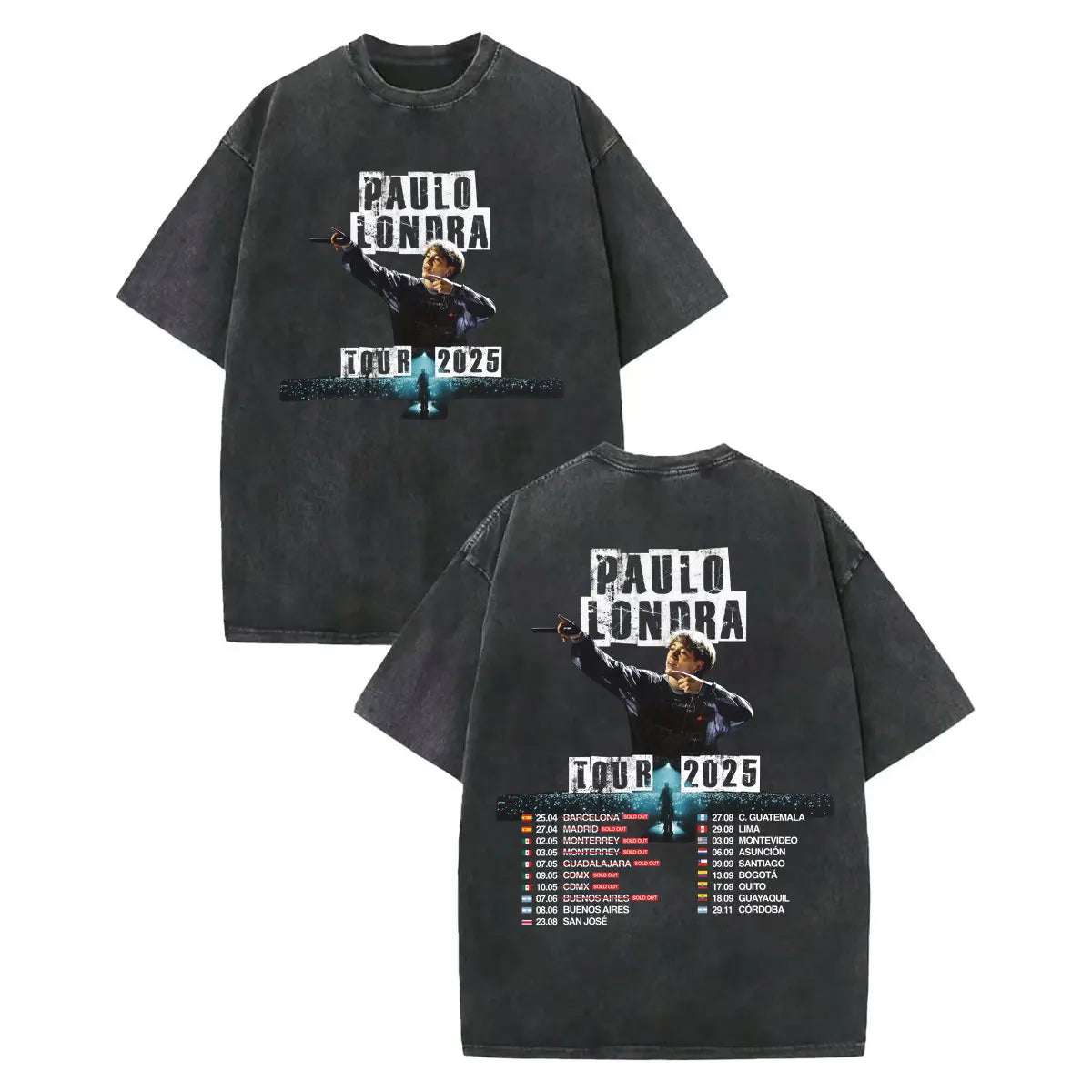Black oversized vintage washed rapper t-shirt featuring rapper paulo londra graphic and tour dates on back in cotton