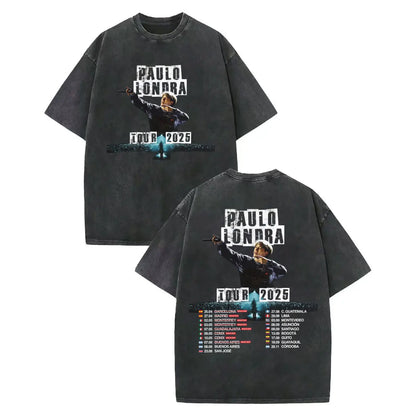 Black oversized vintage washed rapper t-shirt featuring rapper paulo londra graphic and tour dates on back in cotton