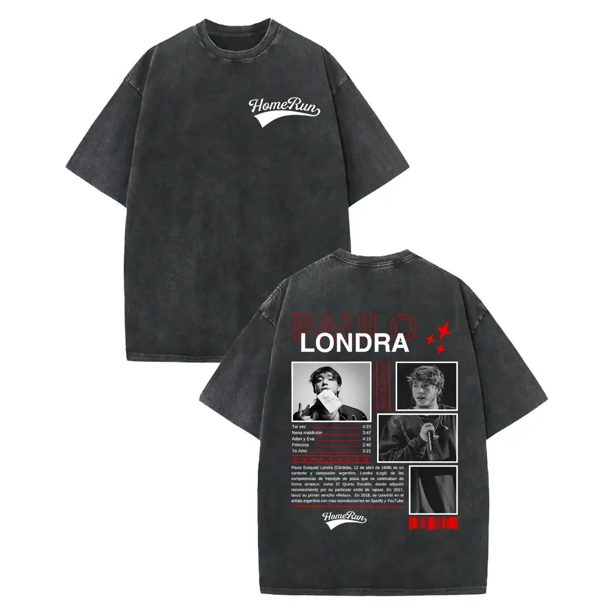 Black oversized cotton t-shirt with white and red vintage washed rapper paulo londra merch graphic print and biographical text
