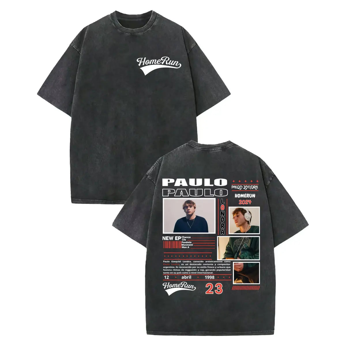 Black oversized vintage washed rapper paulo londra merch t-shirt with faded texture and album art graphic print on back