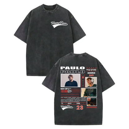 Black oversized vintage washed rapper paulo londra merch t-shirt with faded texture and album art graphic print on back