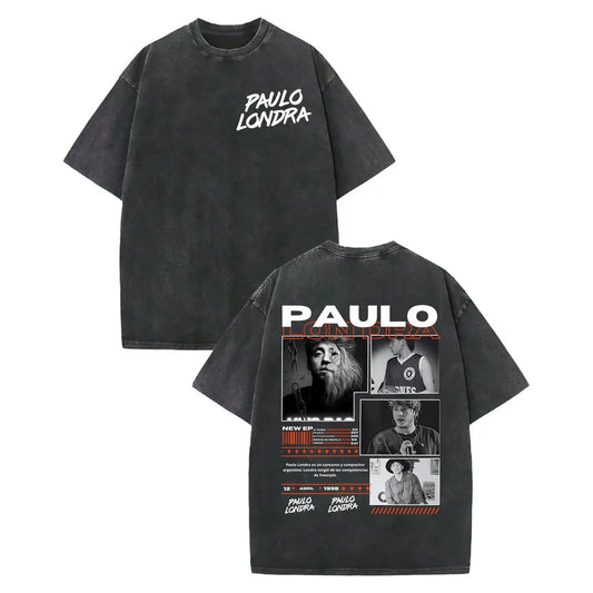 Black oversized cotton t-shirt with white paulo londra text and vintage washed rapper paulo londra merch print