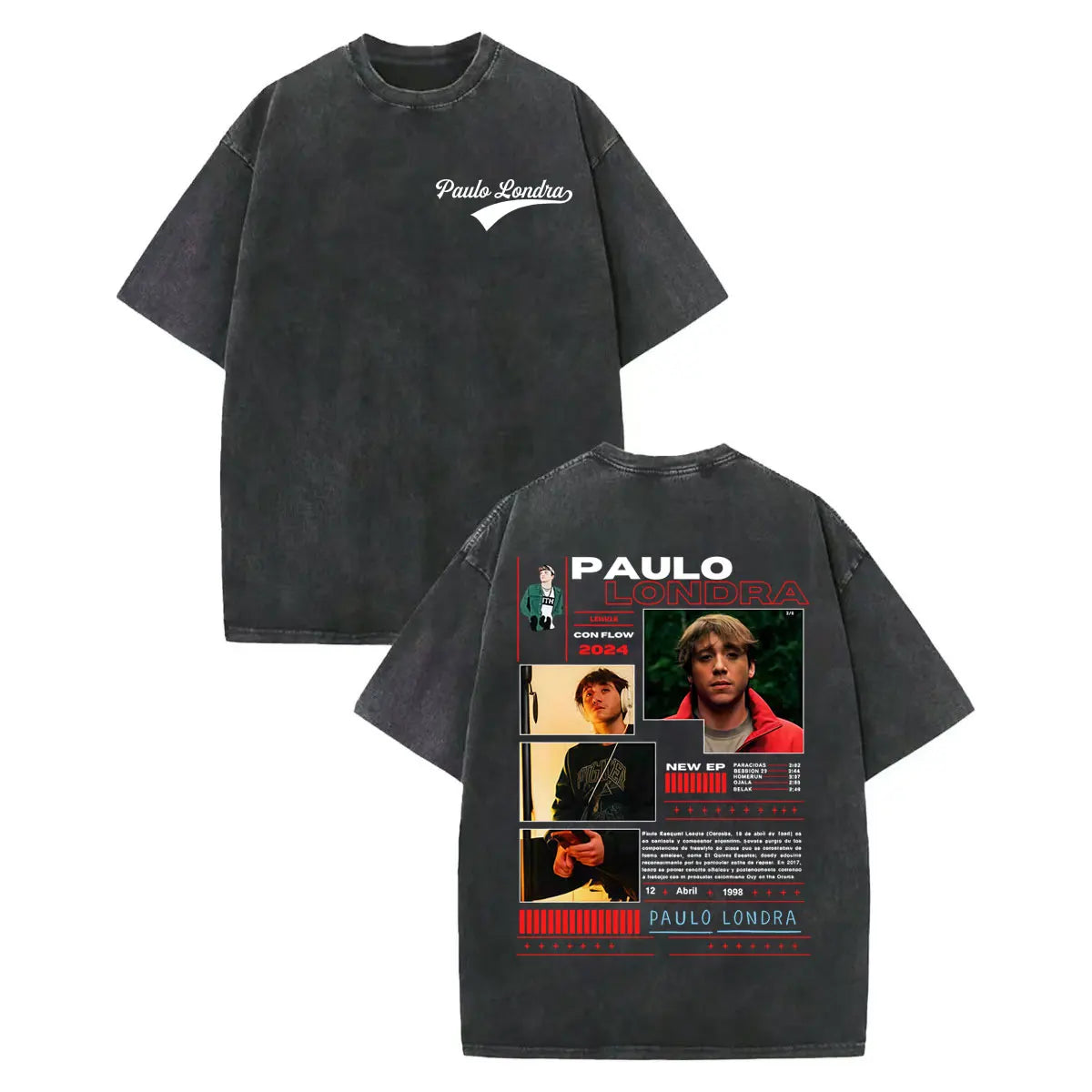 Black oversized vintage washed rapper t shirt featuring faded paulo londra merch graphic and white logo on front