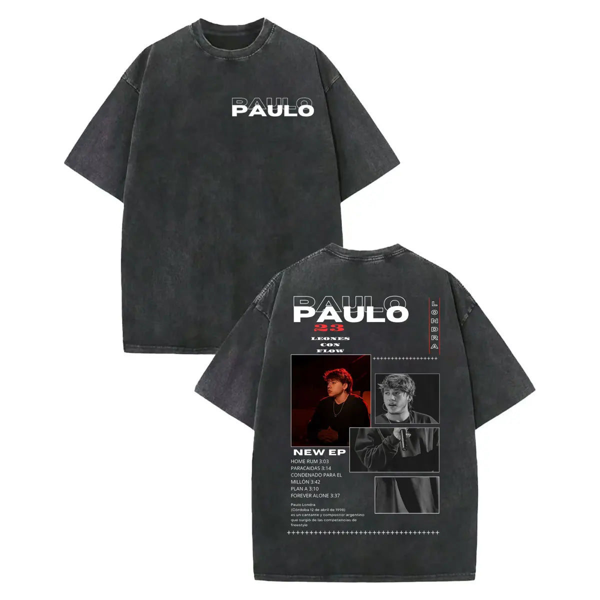 Black oversized vintage washed rapper t-shirt with white paulo text and back graphic print of rapper paulo londra photos