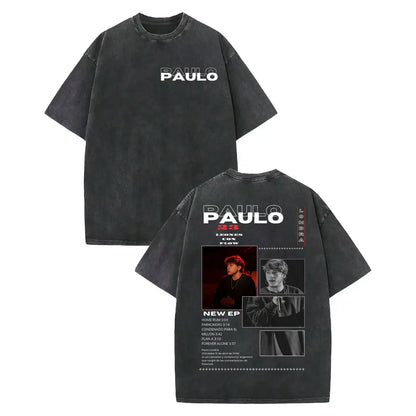 Black oversized vintage washed rapper t-shirt with white paulo text and back graphic print of rapper paulo londra photos
