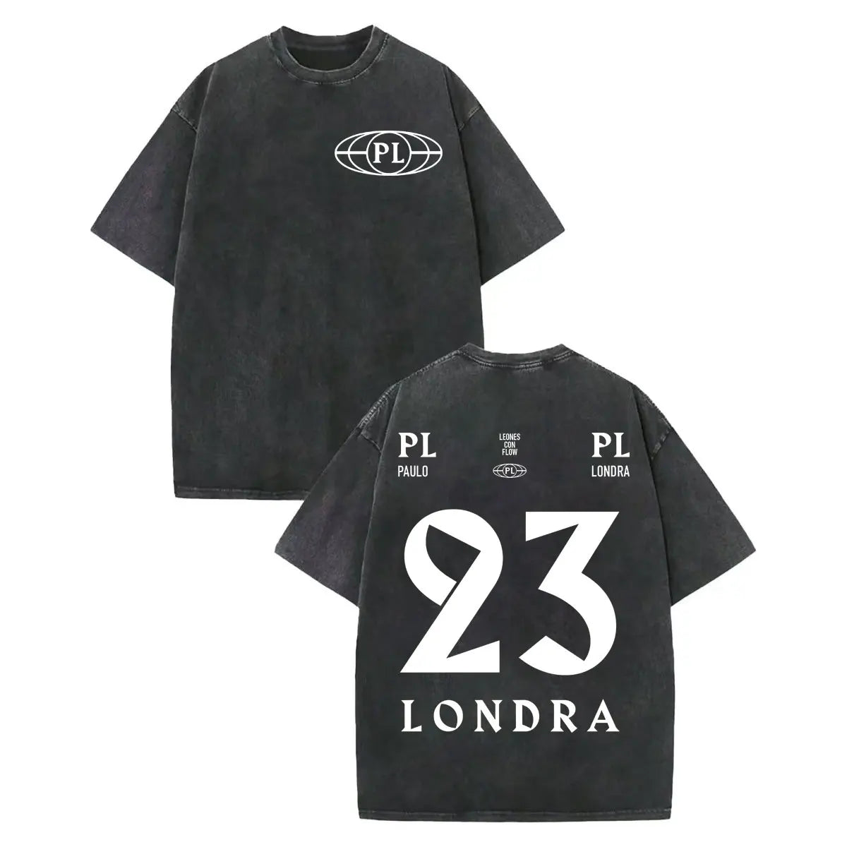 Black oversized vintage washed rapper paulo londra merch t-shirt back with white 23 londra graphic print cotton