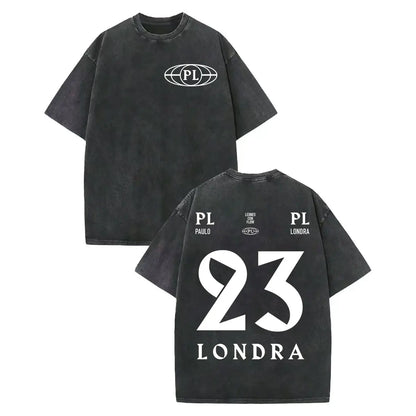 Black oversized vintage washed rapper paulo londra merch t-shirt back with white 23 londra graphic print cotton