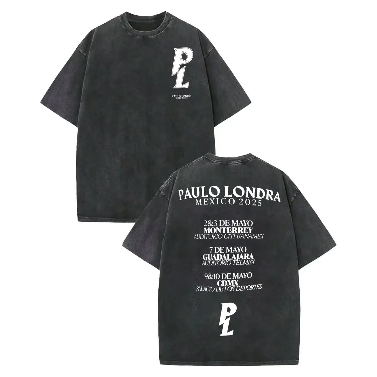 Black oversized vintage washed rapper t-shirt with white pl logo and concert tour details in high quality cotton