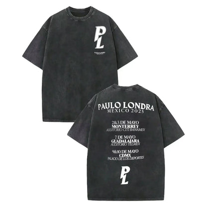 Black oversized vintage washed rapper t-shirt with white pl logo and concert tour details in high quality cotton