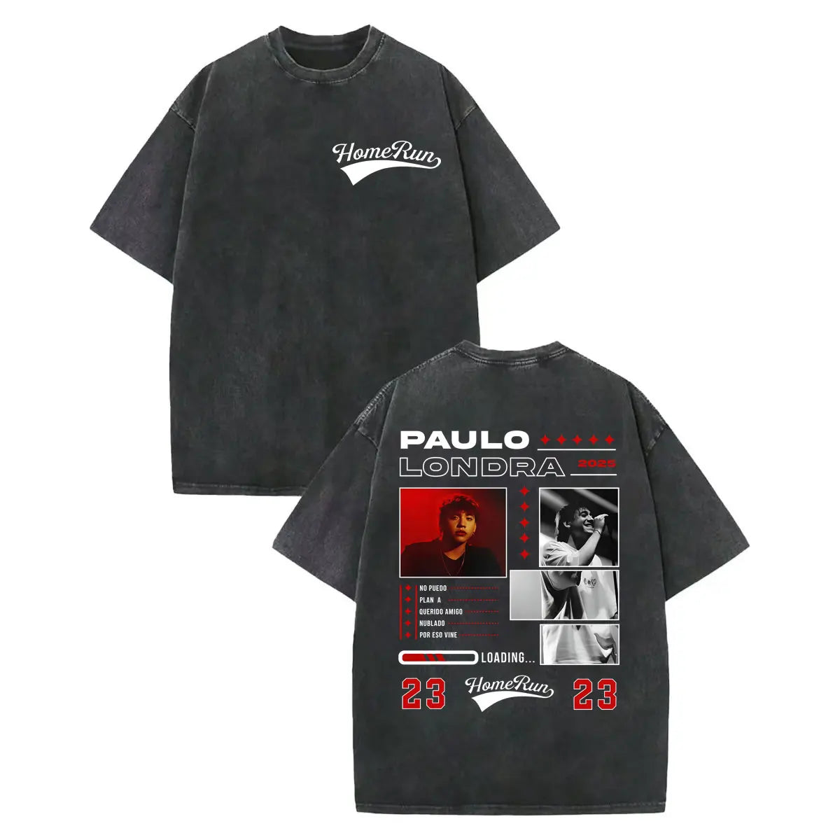 Black oversized vintage washed rapper paulo londra merch t shirt with faded distressed texture and red graphic accents