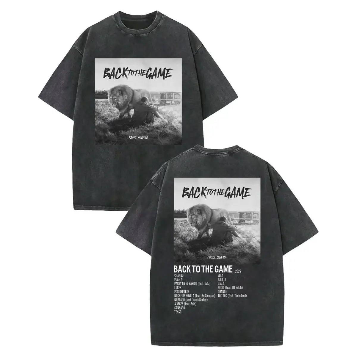Black oversized cotton t-shirt featuring vintage washed rapper paulo londra merch with distressed lion graphic back to the game