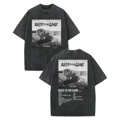 Black oversized cotton t-shirt featuring vintage washed rapper paulo londra merch with distressed lion graphic back to the game