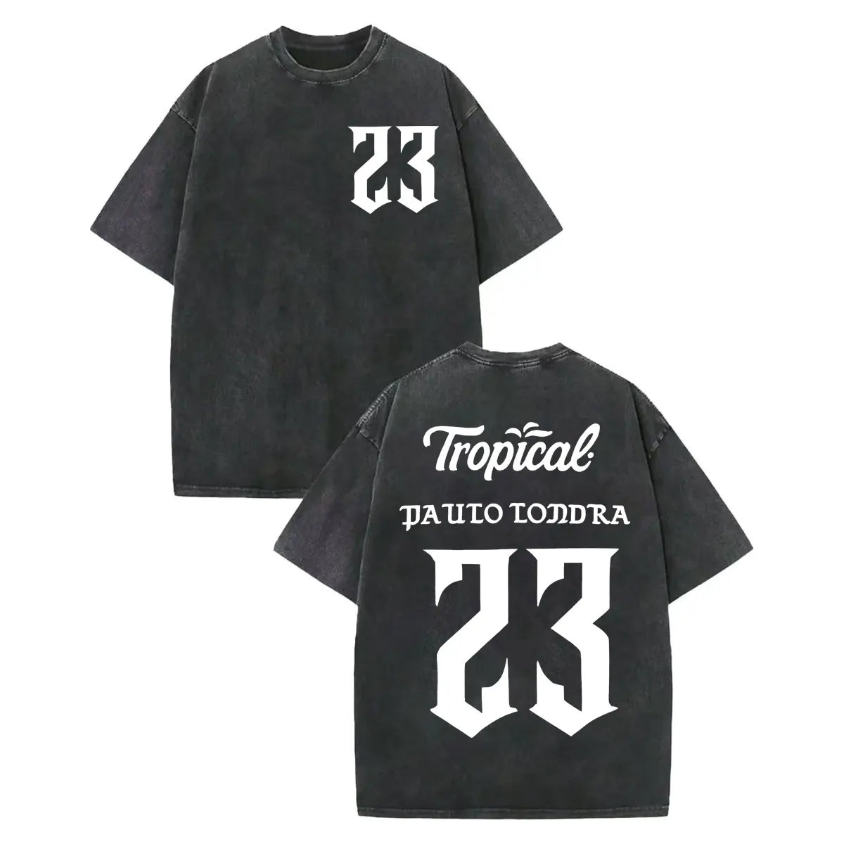Black oversized cotton t-shirt with vintage washed rapper paulo londra merch print featuring number 23 and tropical text