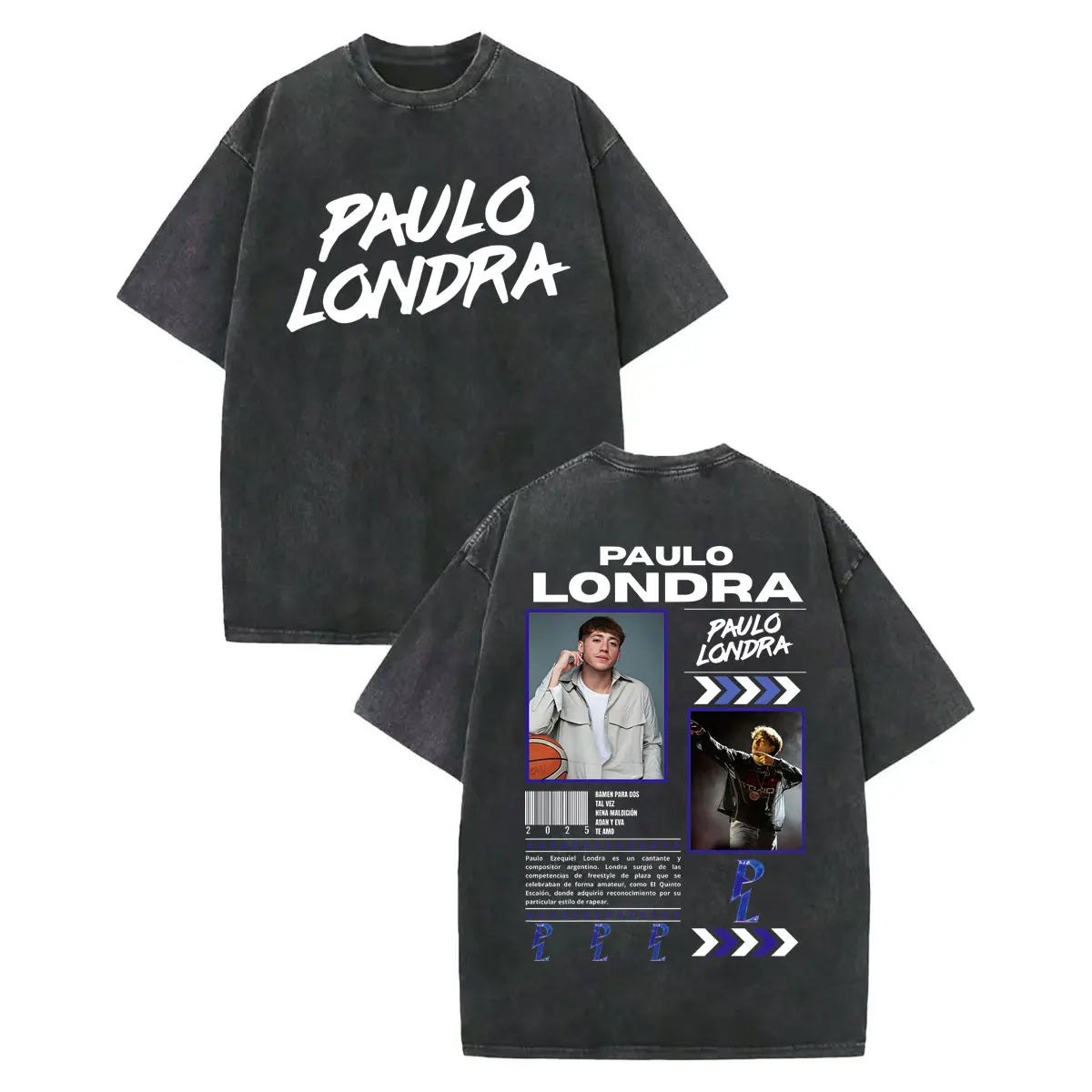 Black oversized vintage washed rapper paulo londra merch t shirt with white text and graphic prints on front and back