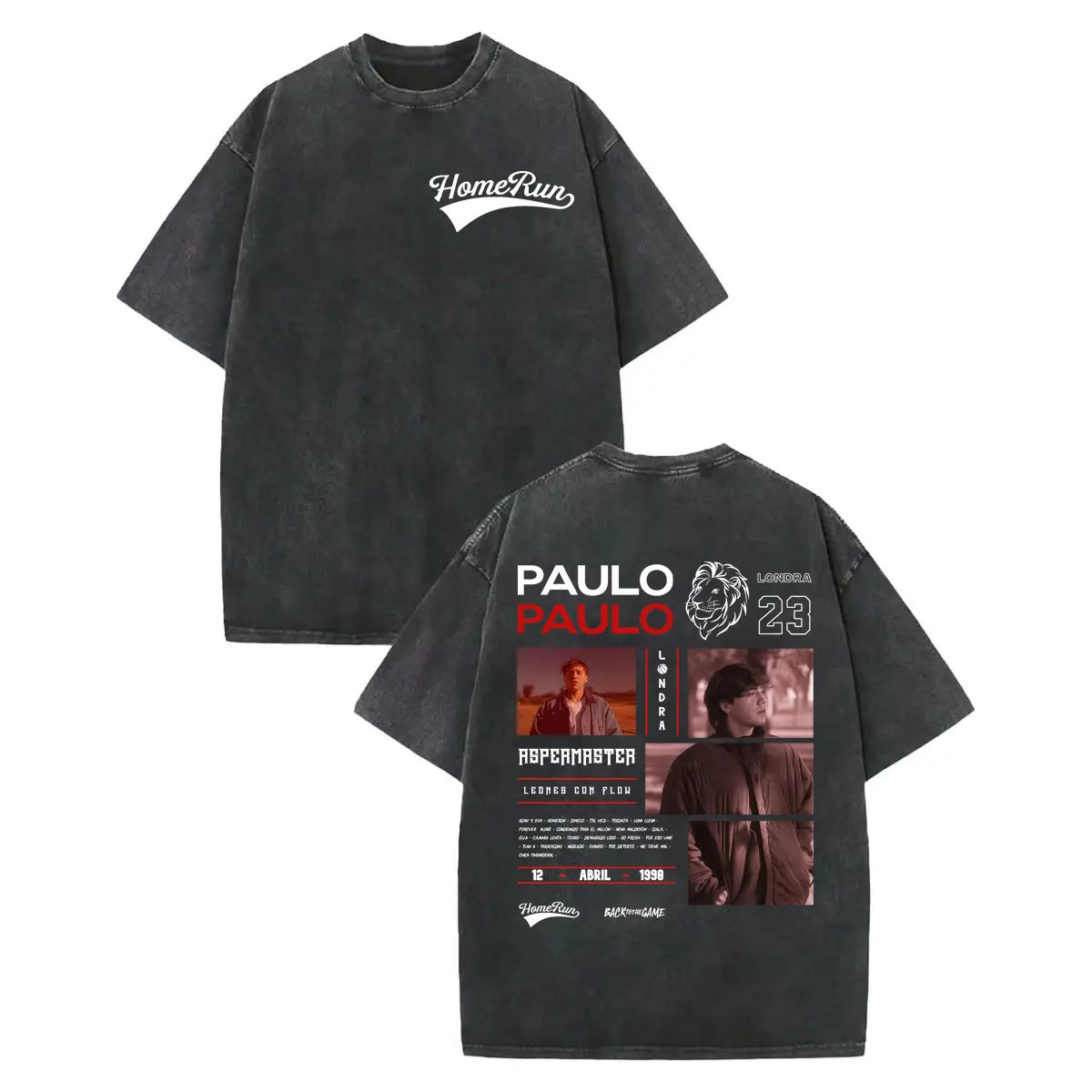 Black oversized vintage washed rapper t-shirt featuring paulo londra merch with white and red graphic print on high quality cotton