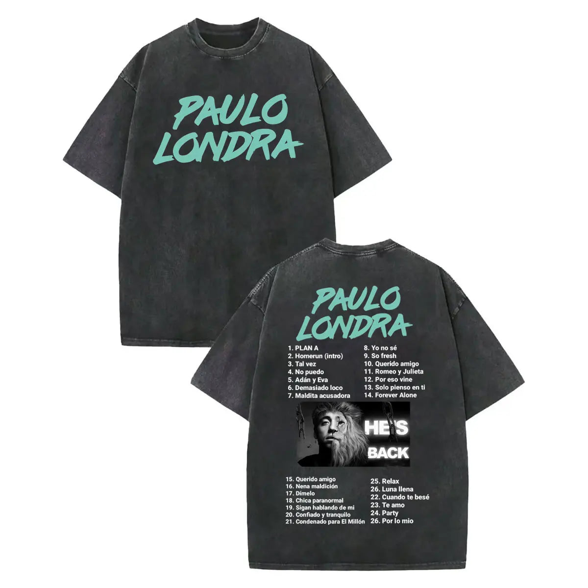 Black oversized vintage washed rapper t shirt with faded teal paulo londra merch lettering and back print of artist and song titles