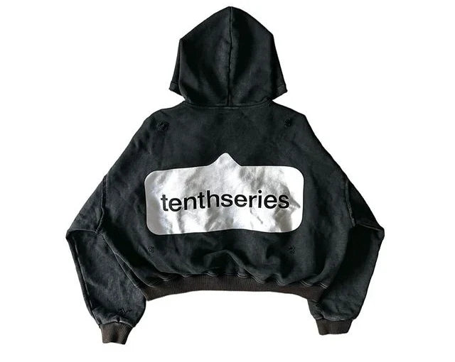 Black zip hoodie y2k with white patch and tenthseries text on back vintage washed casual oversized sweatshirt