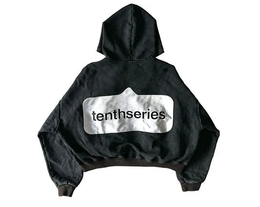 Black zip hoodie y2k with white patch and tenthseries text on back vintage washed casual oversized sweatshirt