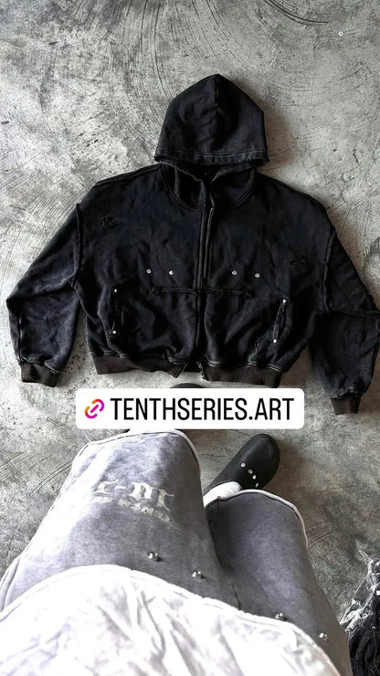 Black denim zip hoodie y2k with distressed details and silver studs on pockets for y2k clothes men and women