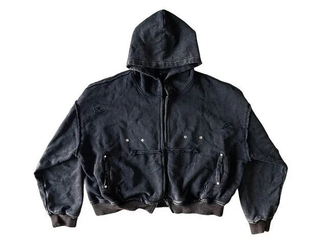 Black distressed denim zip hoodie y2k with subtle embroidered logos for men and women y2k clothes men style