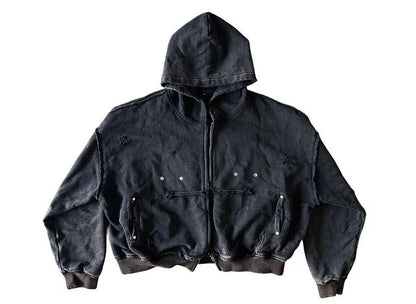 Black distressed denim zip hoodie y2k with subtle embroidered logos for men and women y2k clothes men style