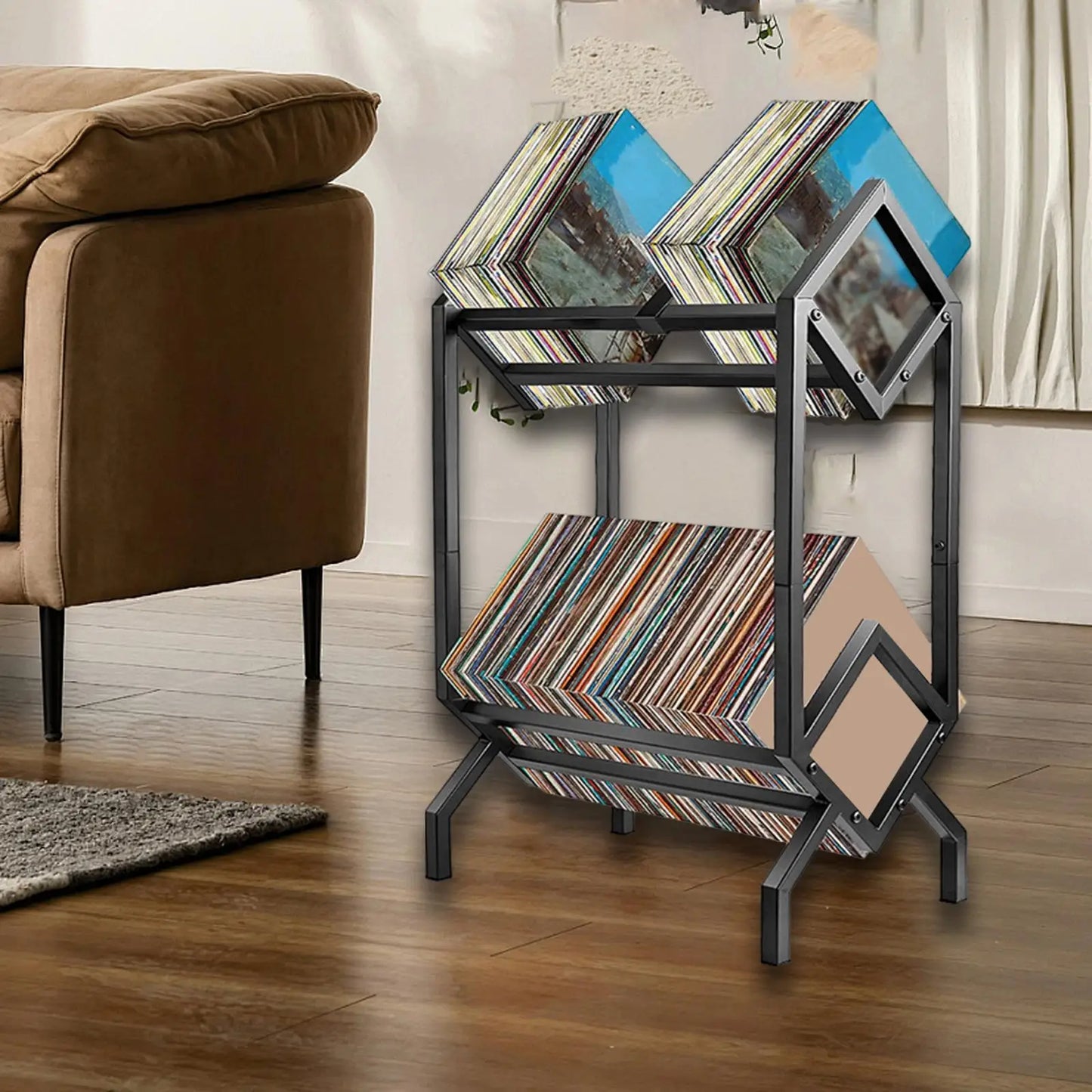 Black metal vinyl record display stand with geometric diamond compartments for colorful records, double layer floor rack