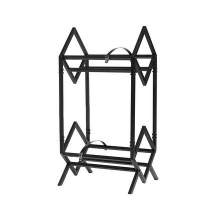 Black metal firewood rack with triangular frame and adjustable straps shown as a vinyl record display stand and standing cd rack